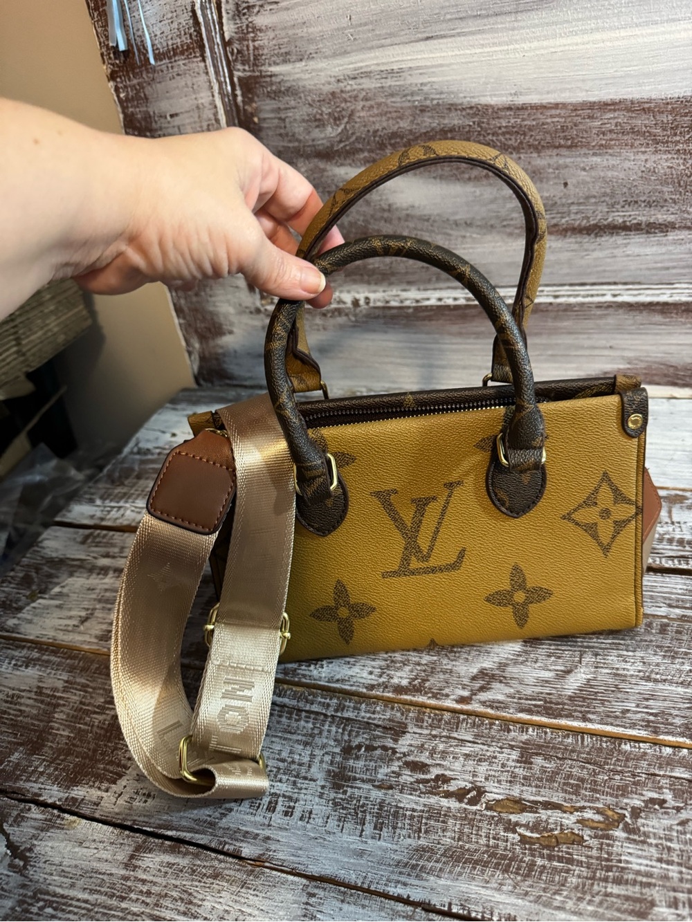 Two Tone Monogram Petite Shoulder Bag with Removable Strap